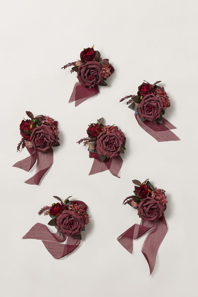 Wrist Corsages in Bordeaux Red & Wine