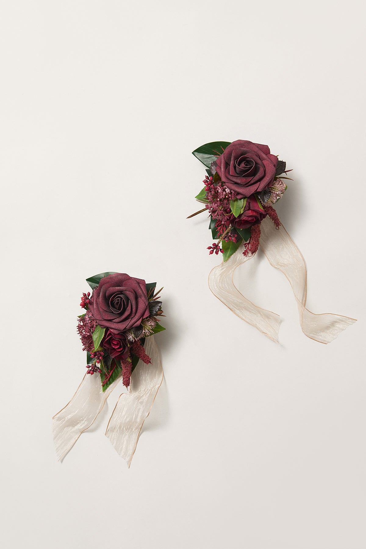 Wrist and Shoulder Corsages in Bordeaux Red & Wine