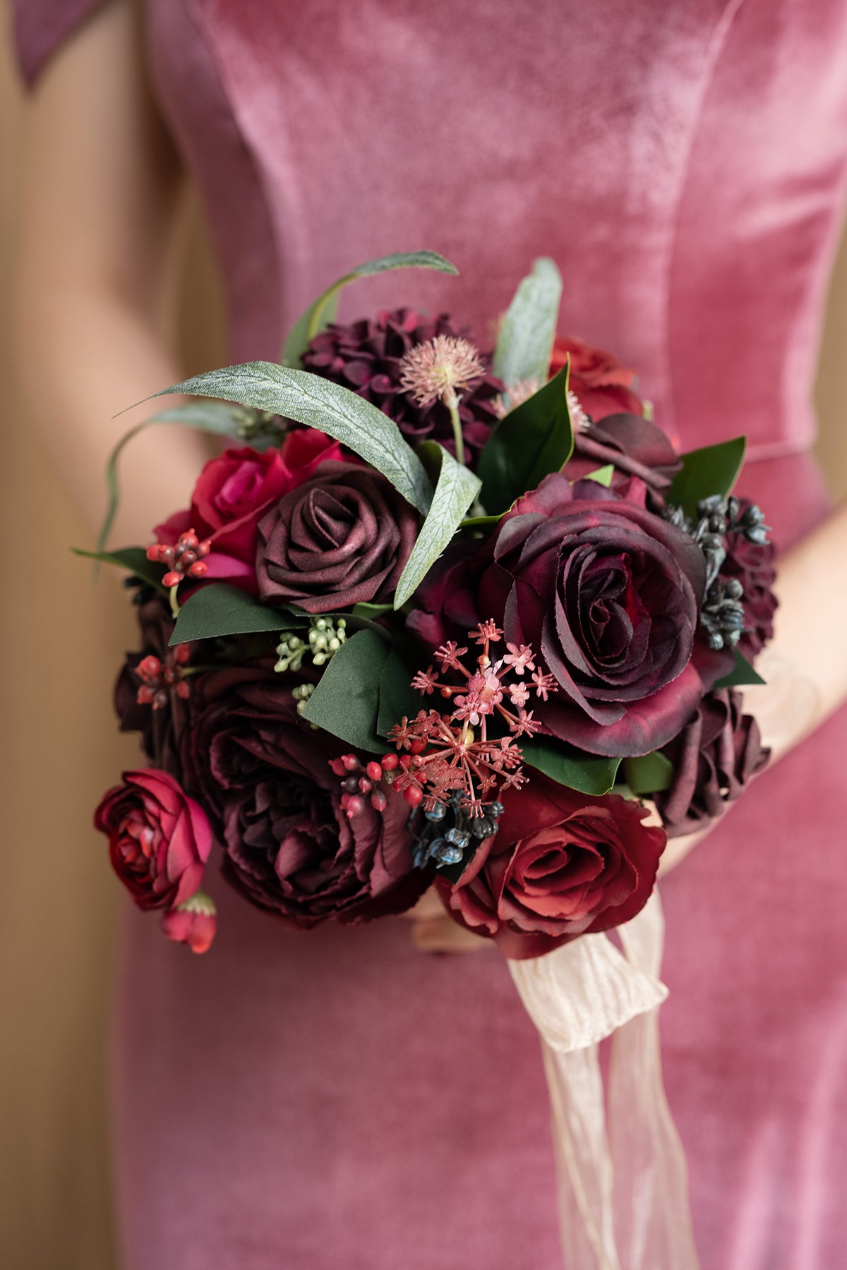 Round Bridesmaid Bouquets in Bordeaux Red & Wine