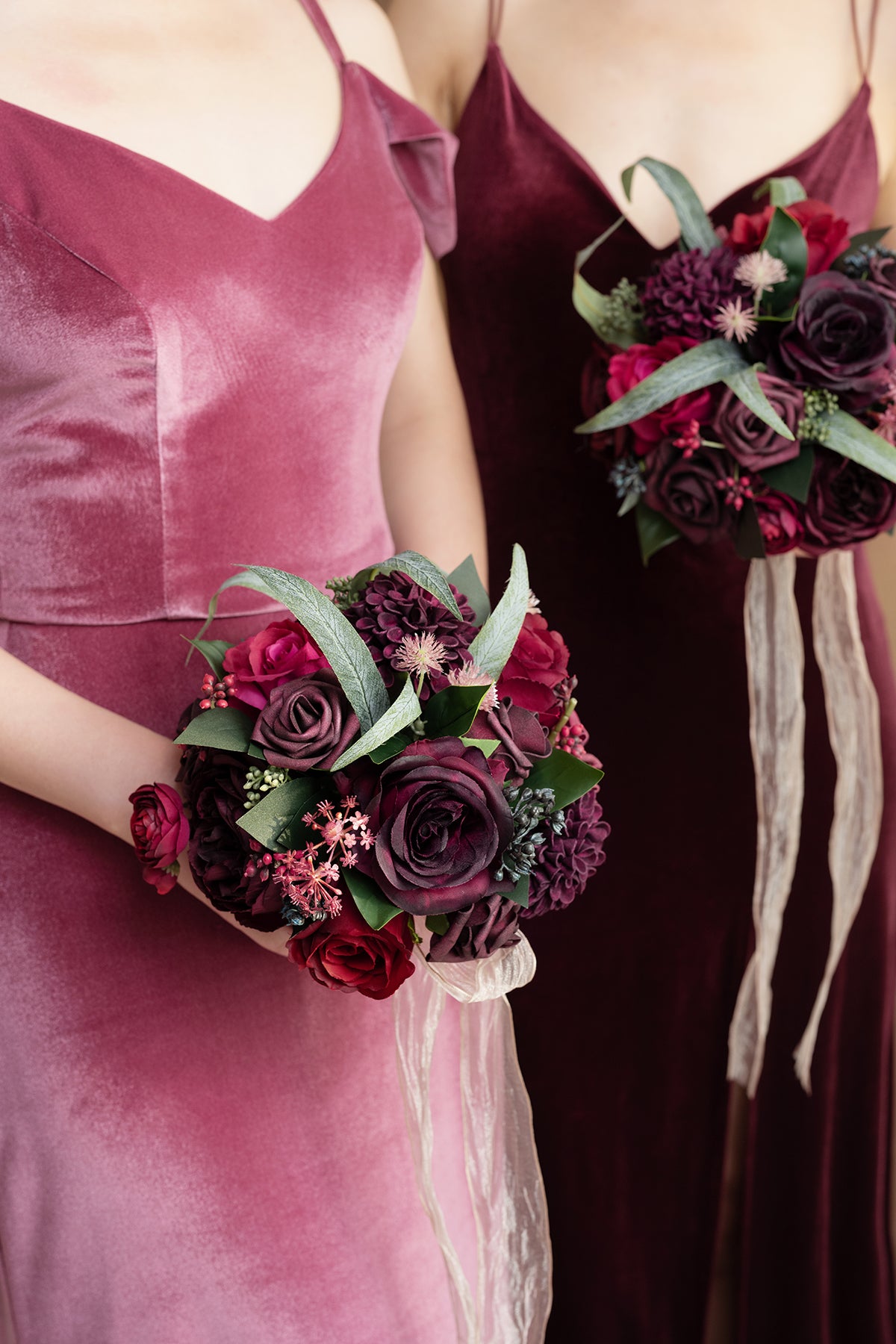 Round Bridesmaid Bouquets in Bordeaux Red & Wine