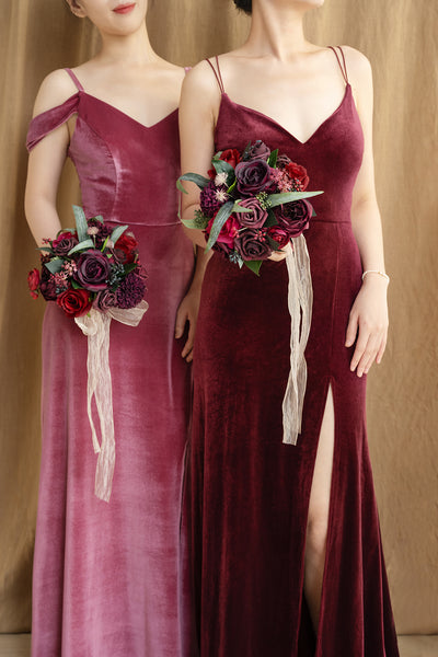 Round Bridesmaid Bouquets in Bordeaux Red & Wine