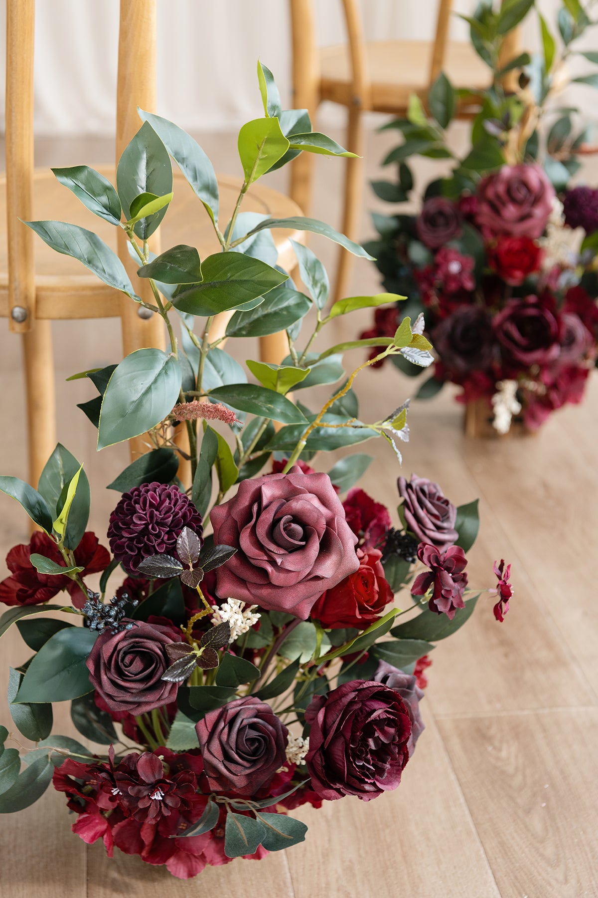 Wedding Aisle Runner Flower Arrangements in Bordeaux Red & Wine