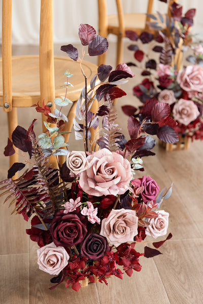 Wedding Aisle Runner Flower Arrangements in Burgundy & Dusty Rose