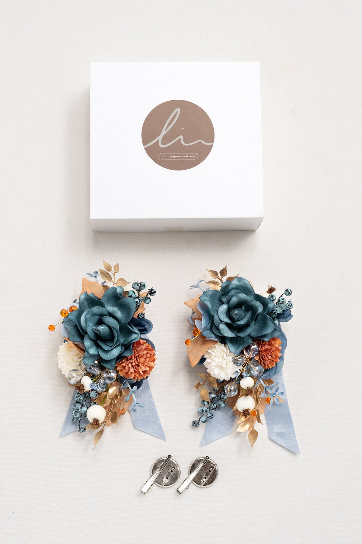 Wrist and Shoulder Corsages in Russet Orange & Denim Blue