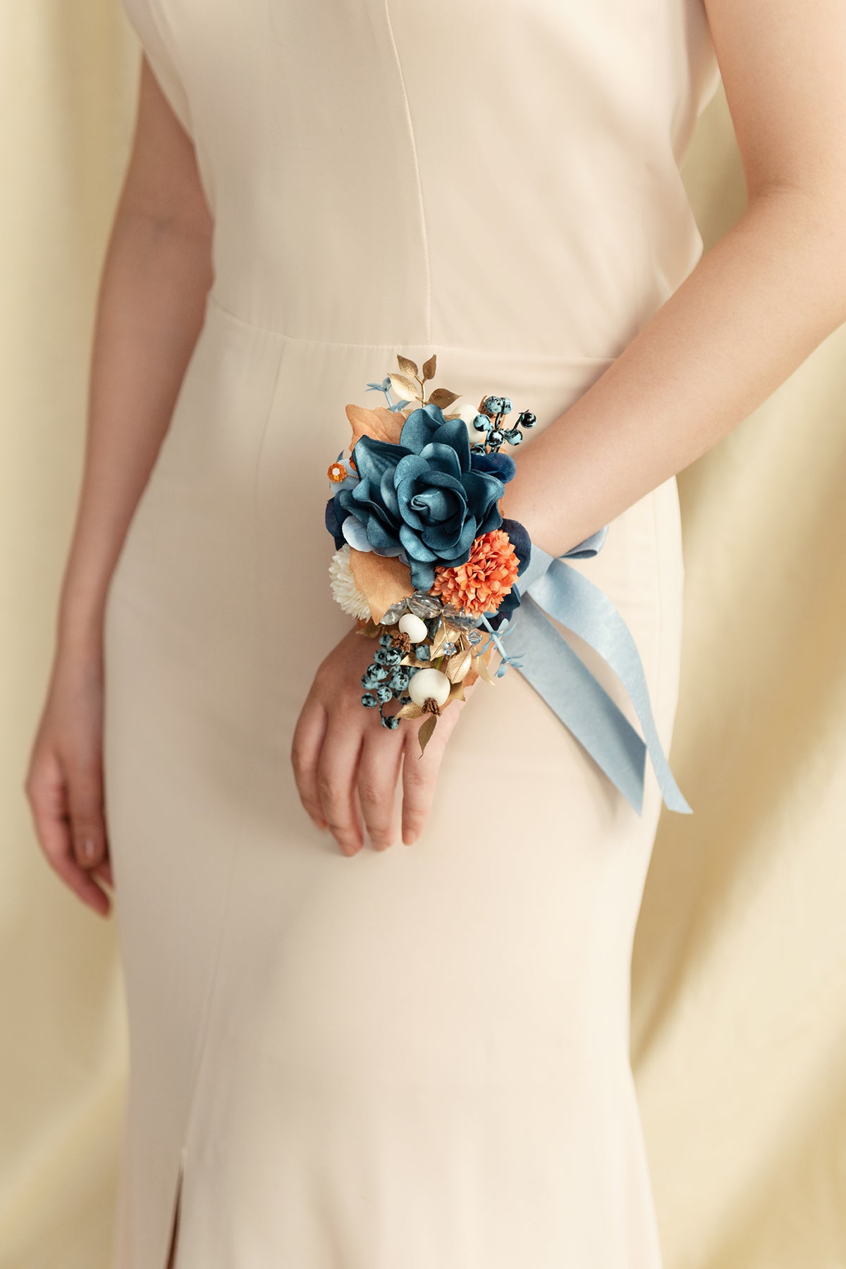 Wrist and Shoulder Corsages in Russet Orange & Denim Blue