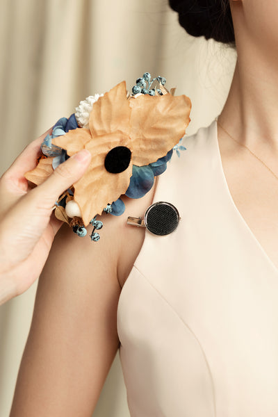 Wrist and Shoulder Corsages in Russet Orange & Denim Blue