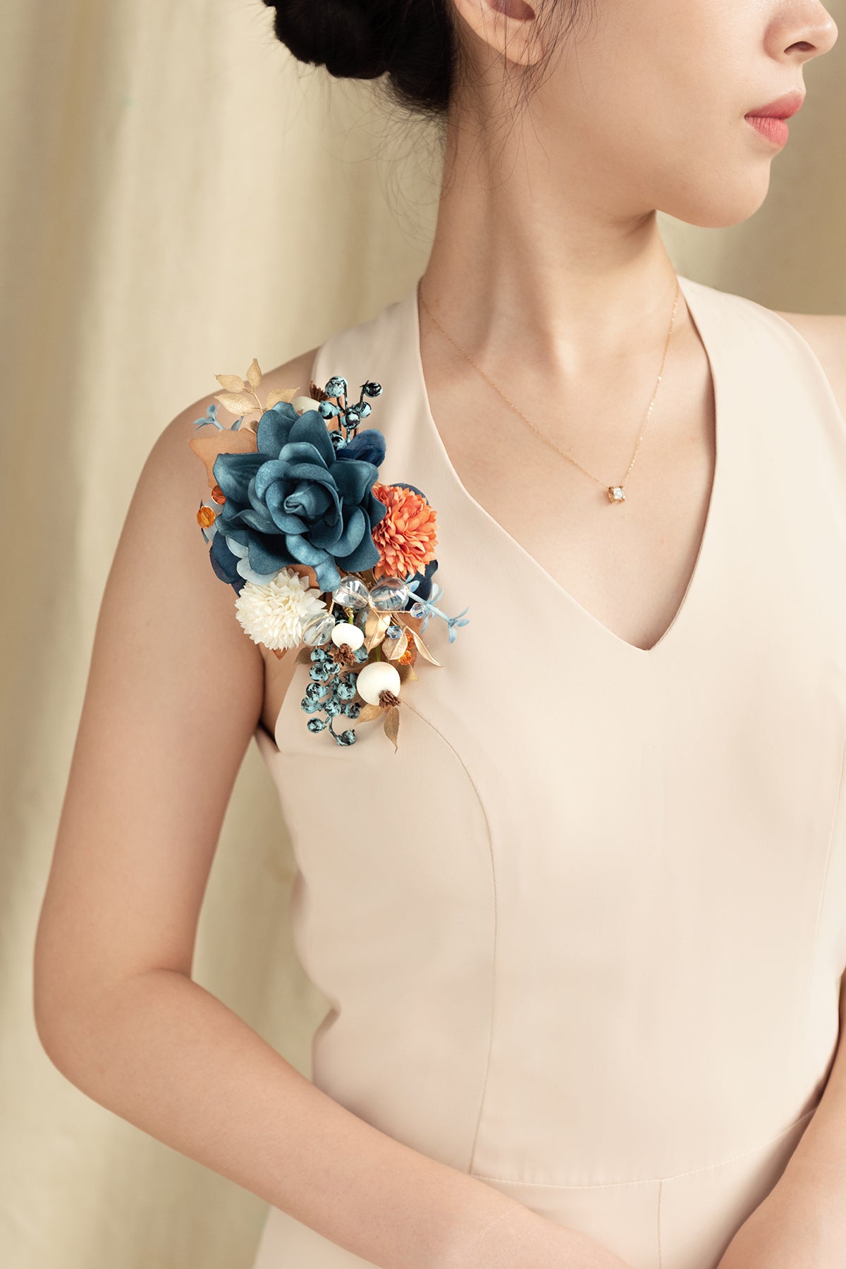 Wrist and Shoulder Corsages in Russet Orange & Denim Blue