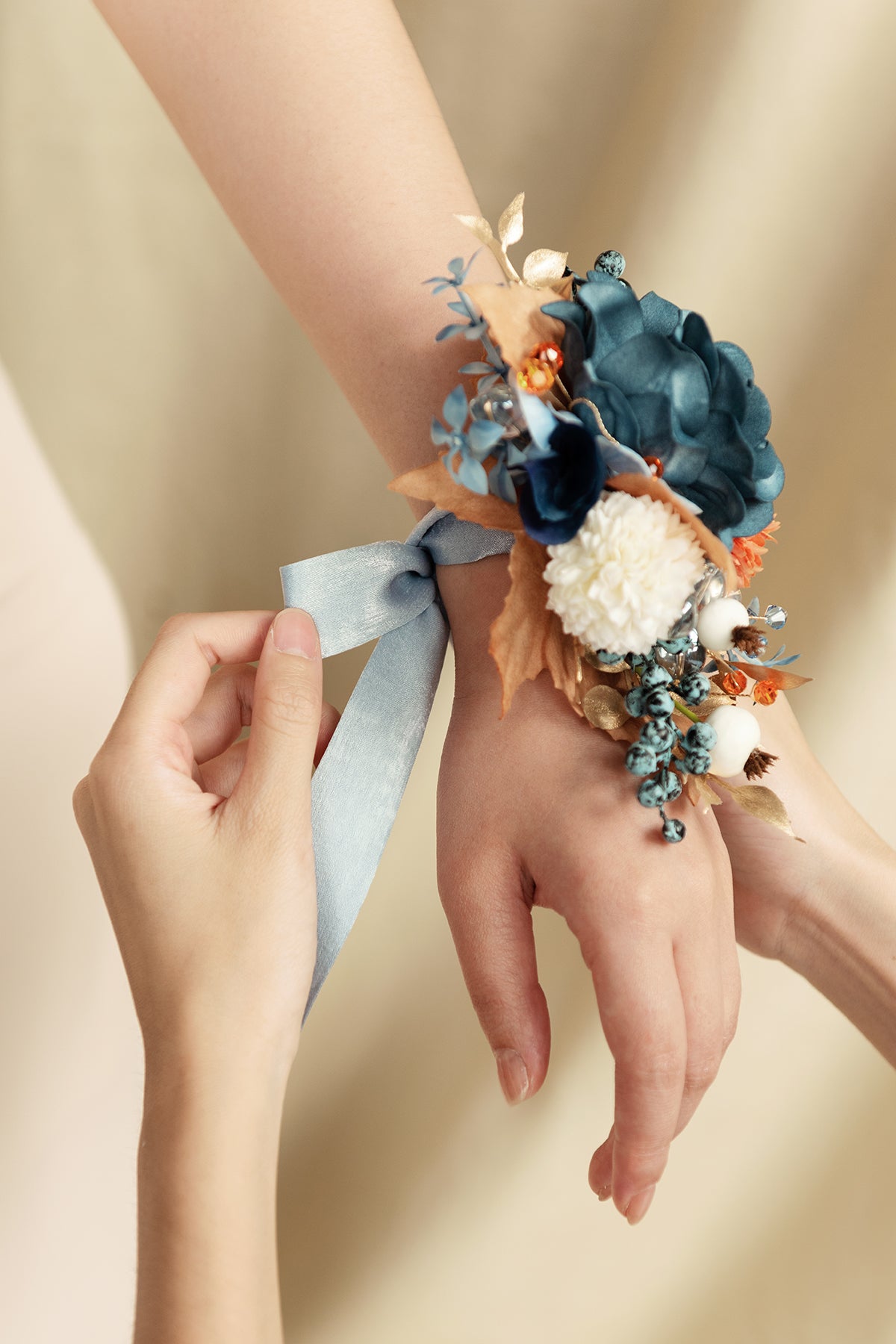 Wrist and Shoulder Corsages in Russet Orange & Denim Blue