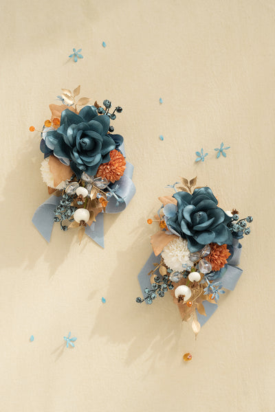 Wrist and Shoulder Corsages in Russet Orange & Denim Blue