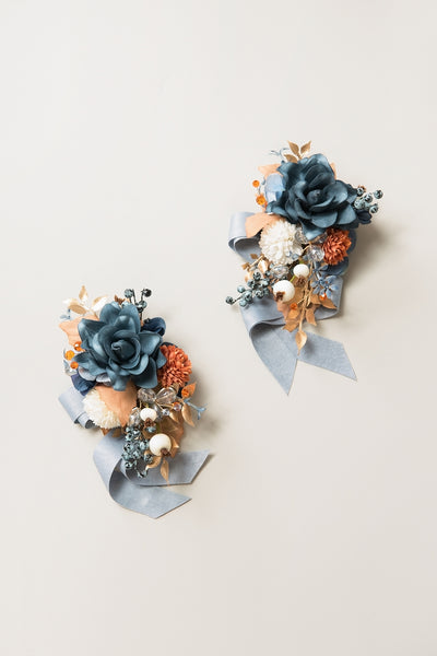 Wrist and Shoulder Corsages in Russet Orange & Denim Blue