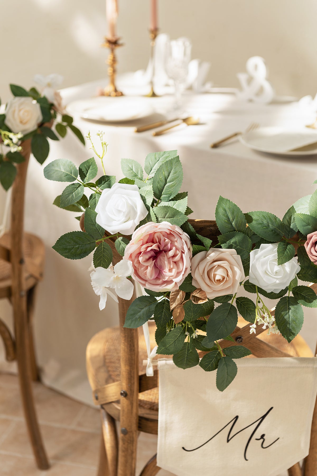 Bride and Groom Floral Chair Signs in Dusty Rose & Cream