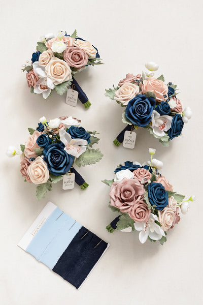 Maid of Honor & Bridesmaid Bouquets in Dusty Rose & Navy