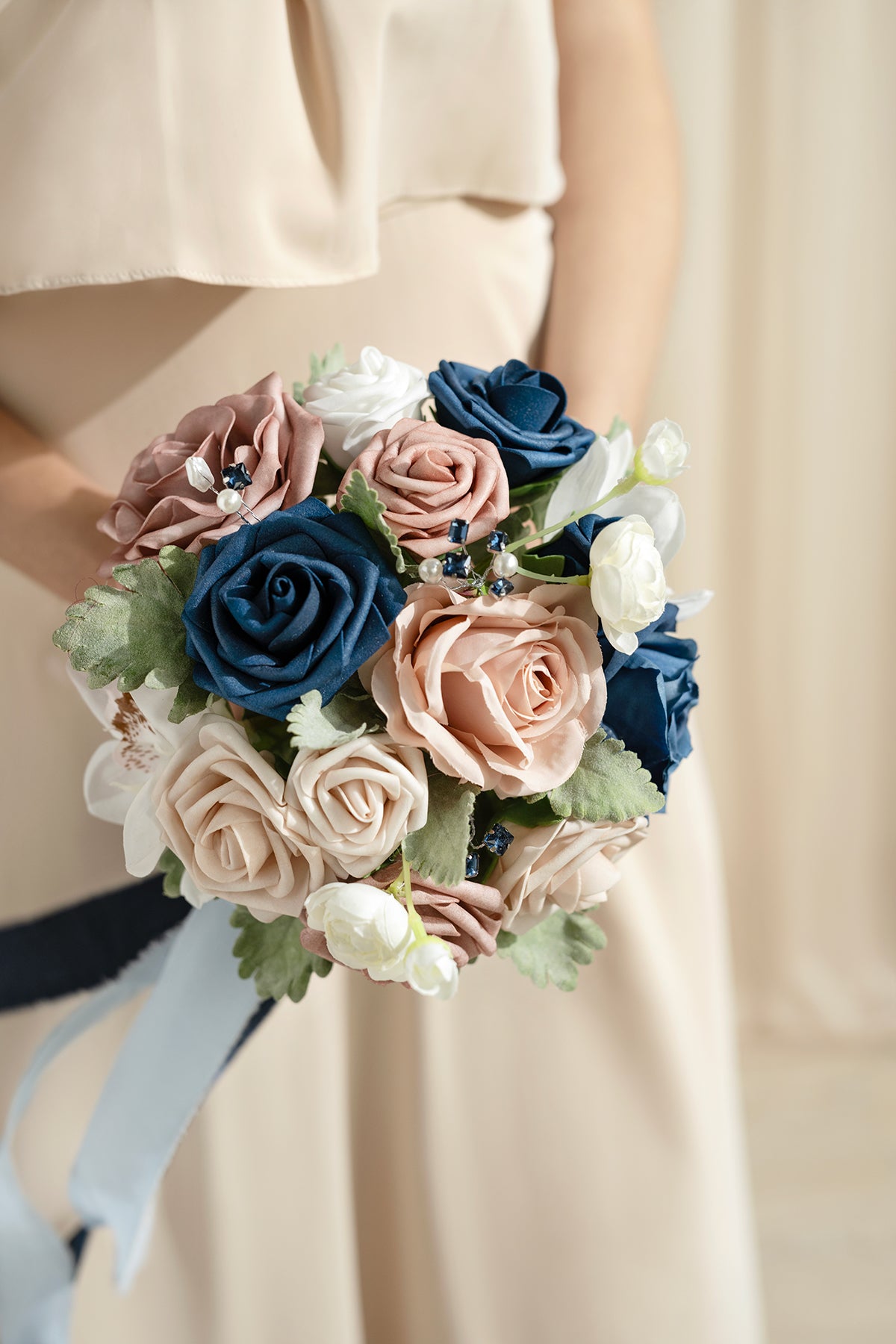 Maid of Honor & Bridesmaid Bouquets in Dusty Rose & Navy