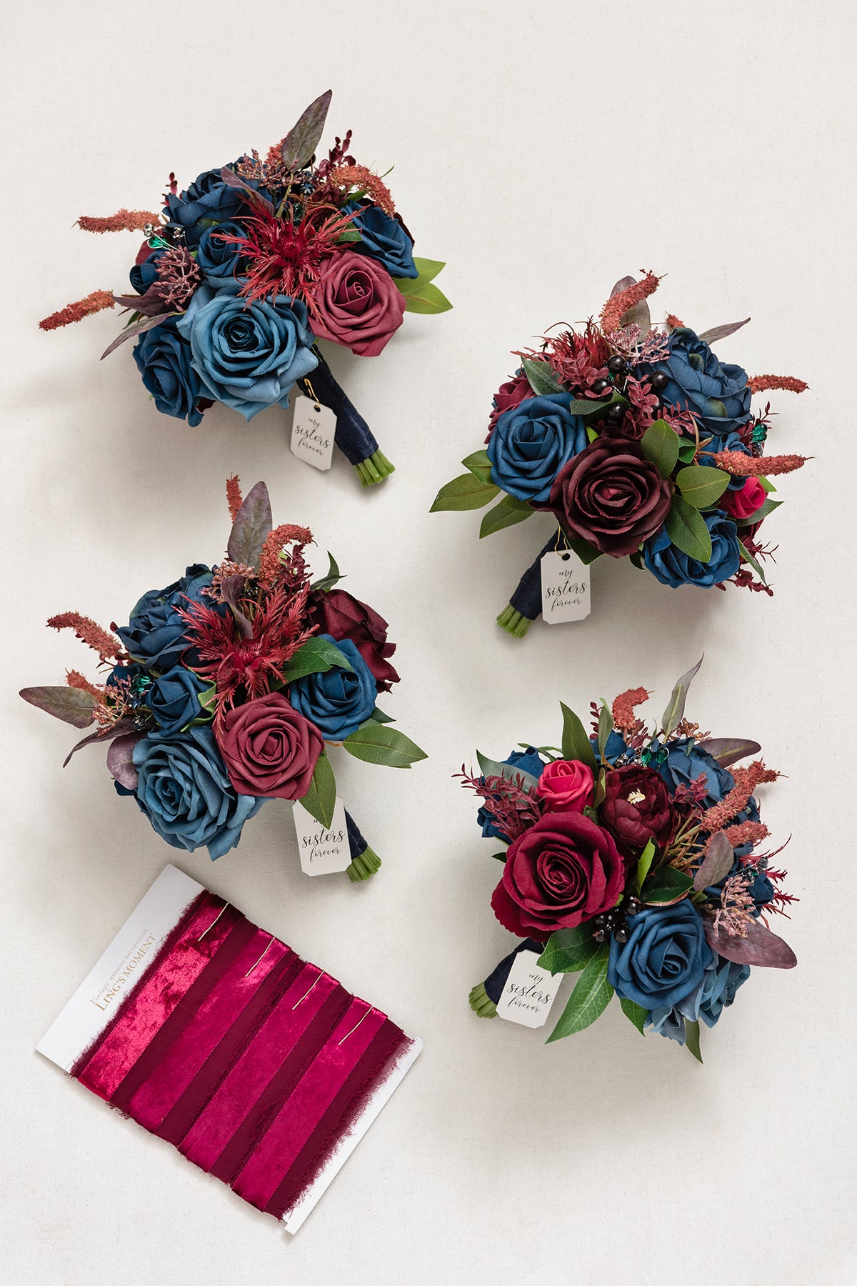 Round Bridesmaid Bouquets in Burgundy & Navy