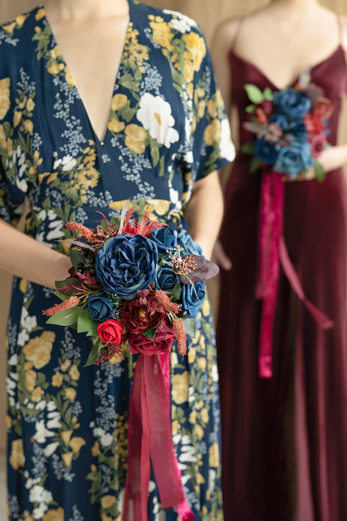 Round Bridesmaid Bouquets in Burgundy & Navy