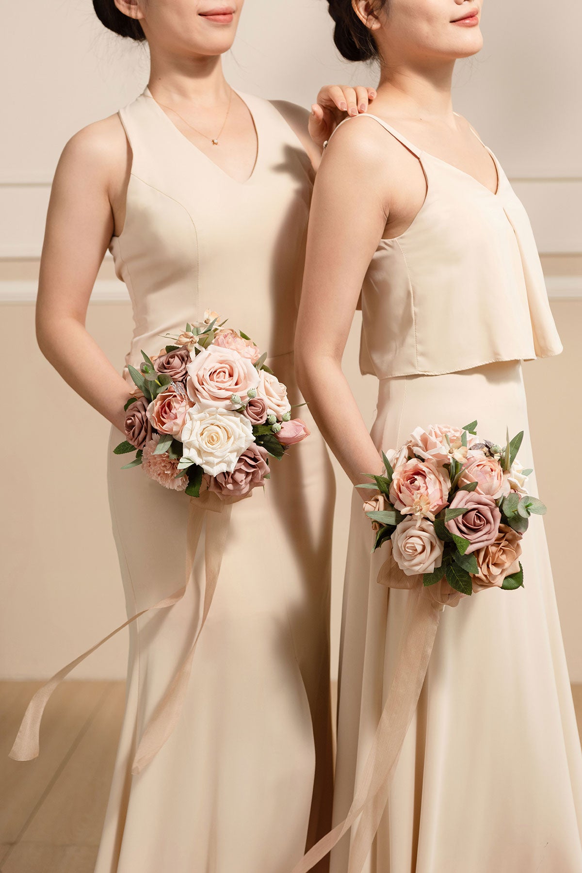 Round Bridesmaid Bouquets in Dusty Rose & Cream