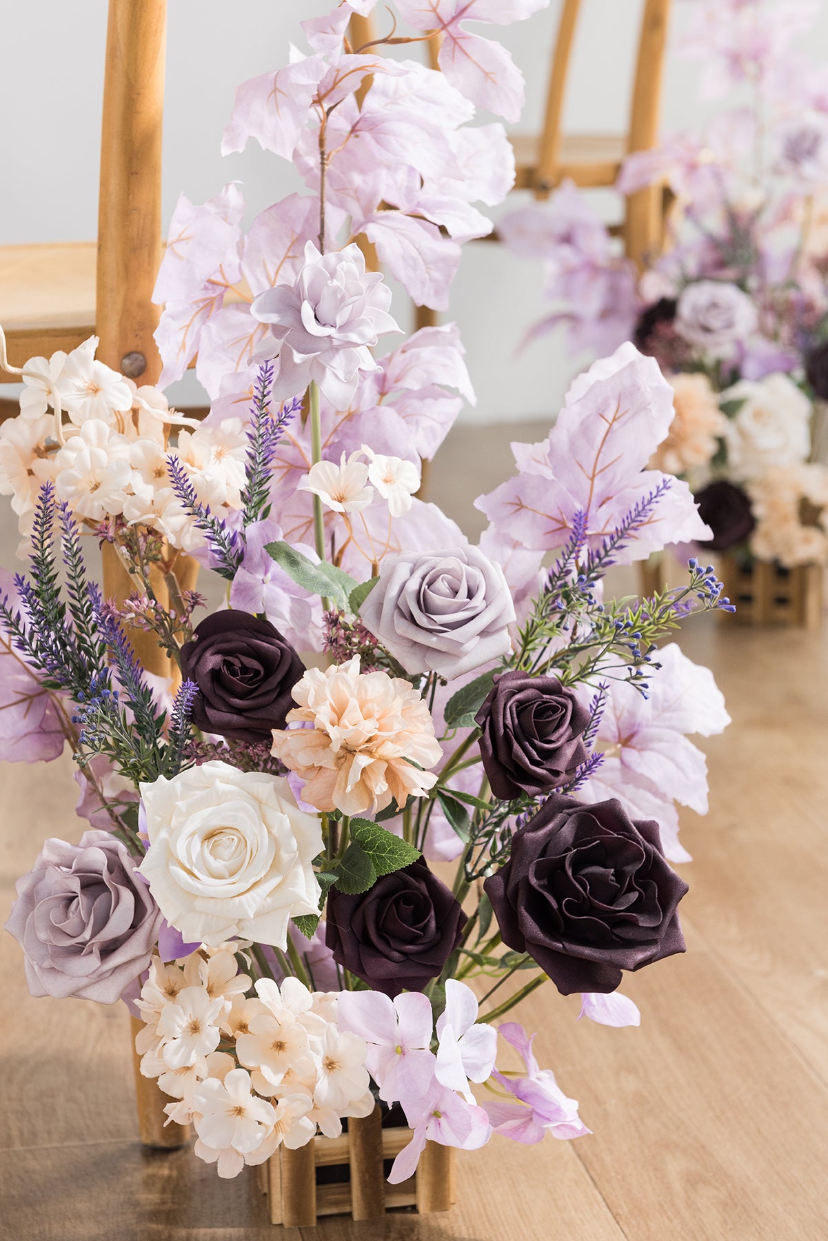 Wedding Aisle Runner Flower Arrangements in French Lavender & Plum