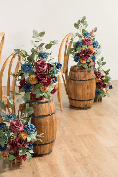 Wedding Aisle Runner Flower Arrangements in Burgundy & Navy