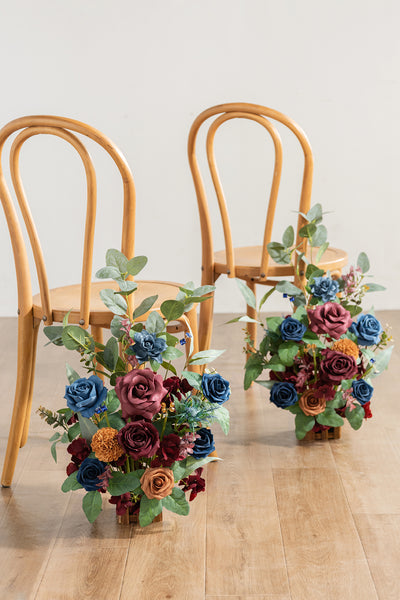 Wedding Aisle Runner Flower Arrangements in Burgundy & Navy