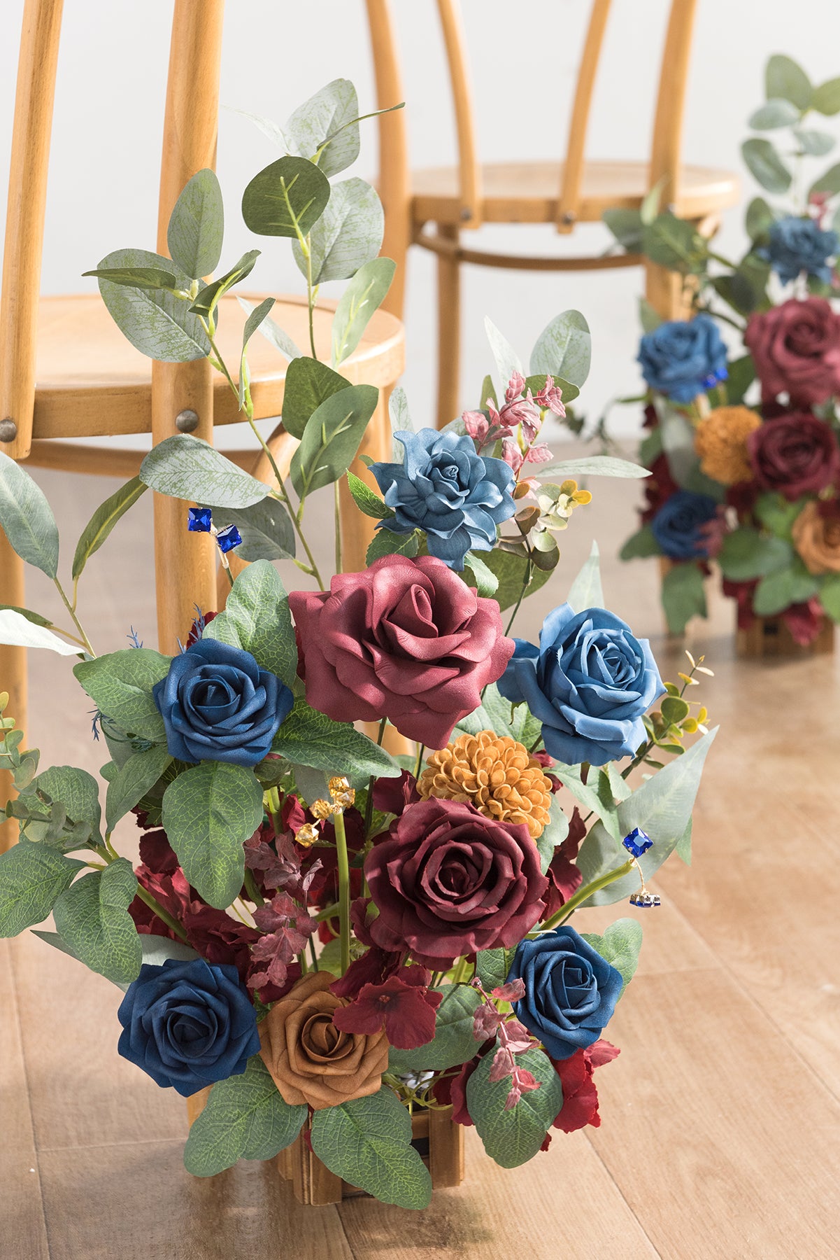 Wedding Aisle Runner Flower Arrangements in Burgundy & Navy