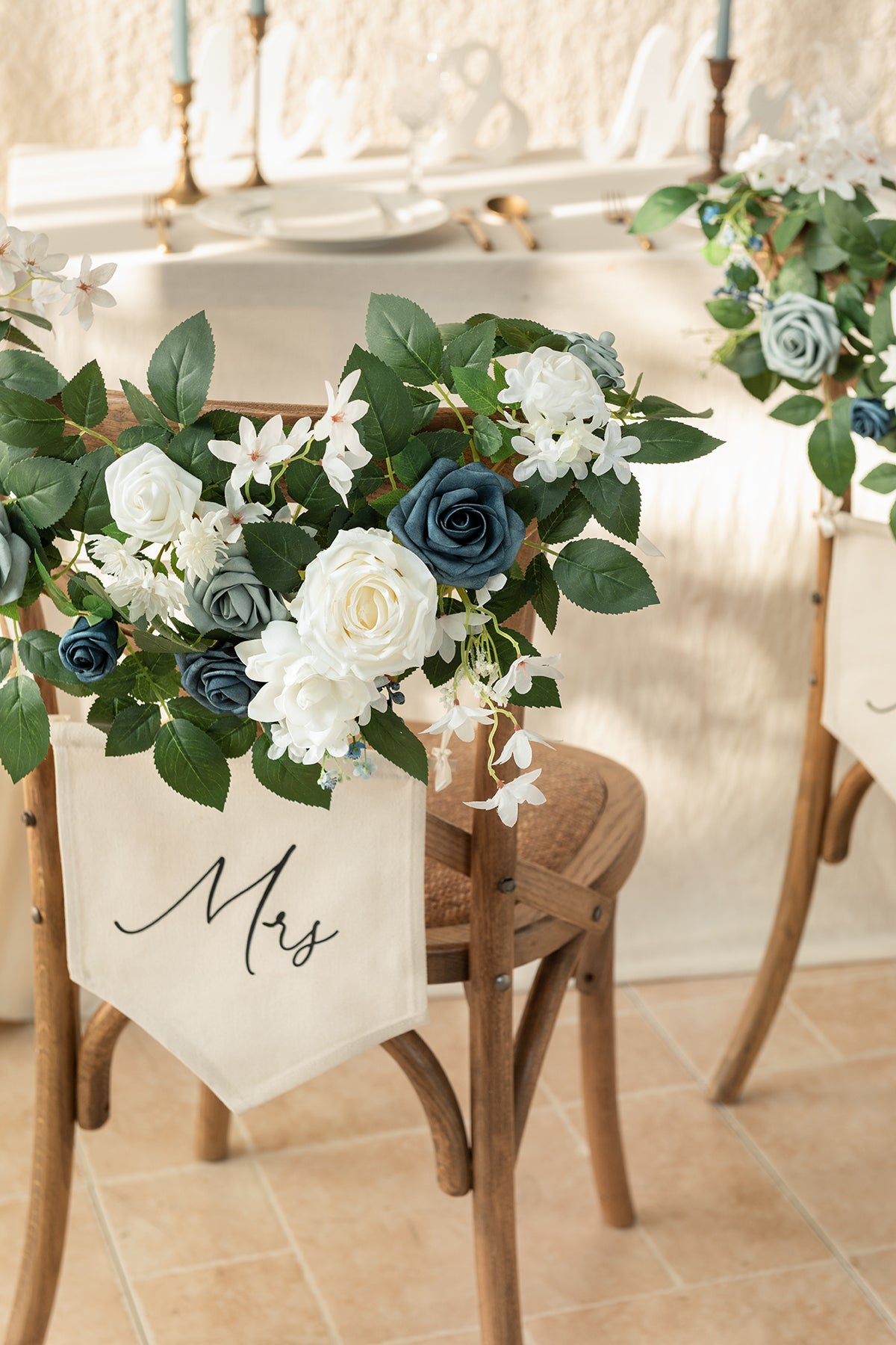 Bride and Groom Floral Chair Signs in Dusty Blue & Navy Blue