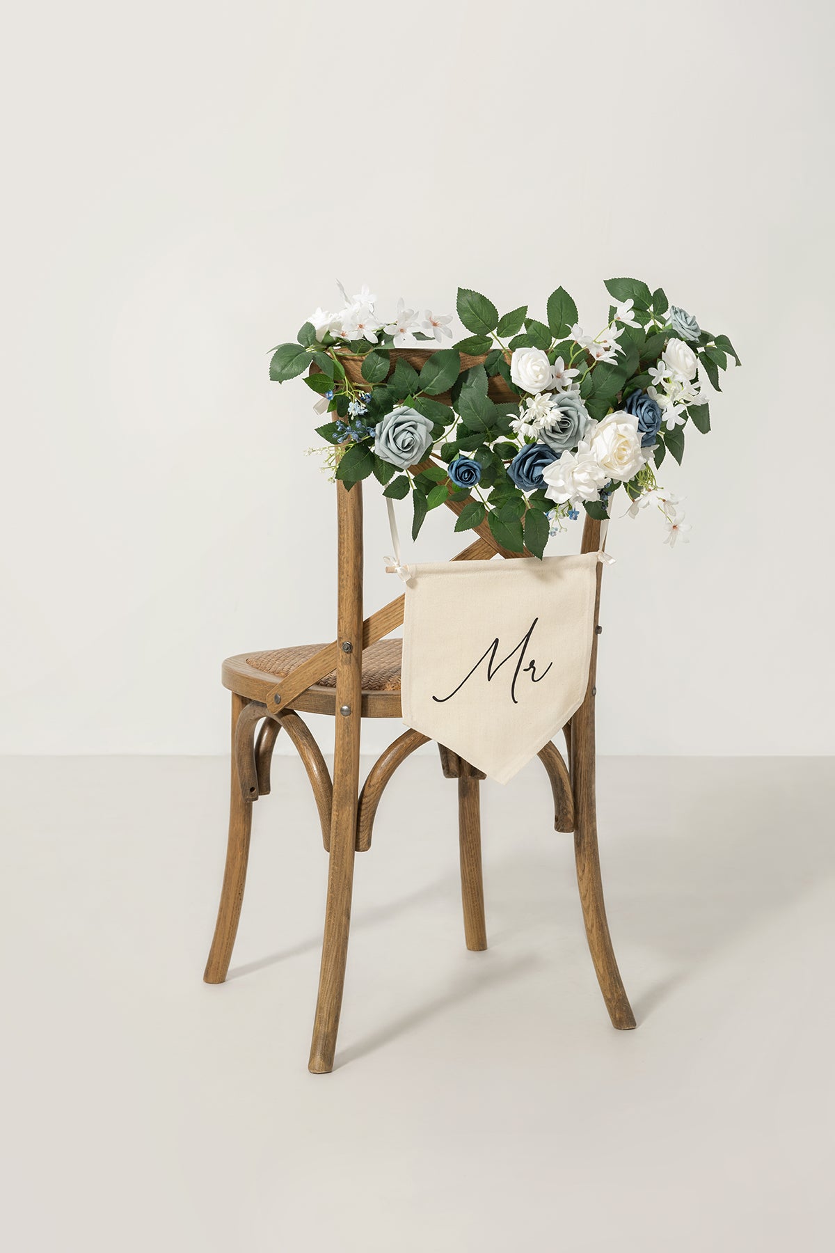 Bride and Groom Floral Chair Signs in Dusty Blue & Navy Blue