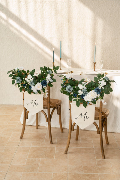 Bride and Groom Floral Chair Signs in Dusty Blue & Navy Blue