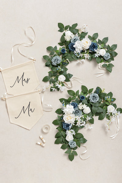 Bride and Groom Floral Chair Signs in Dusty Blue & Navy Blue