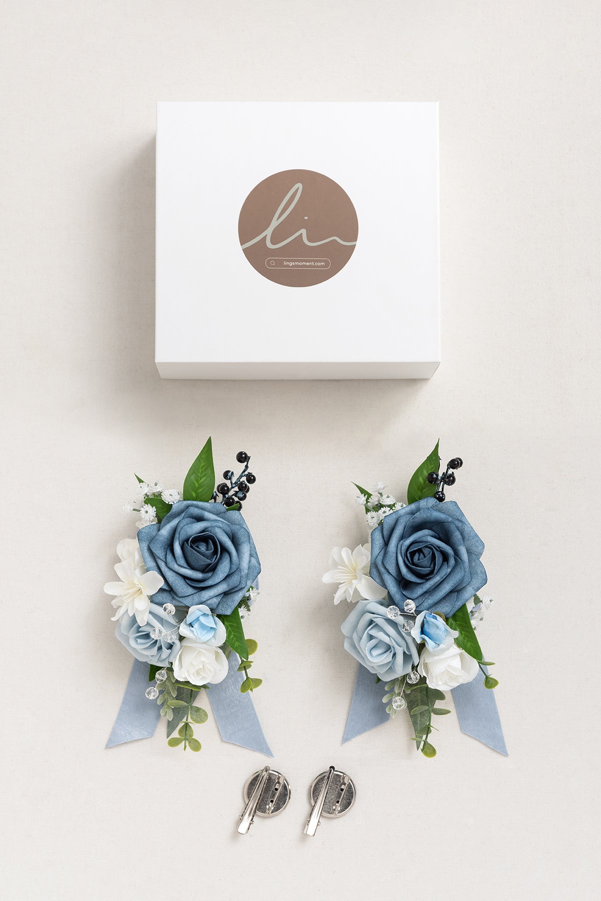 Wrist Corsages & Shoulder Corsages in Dusty Blue & Powder Blue