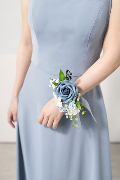 Wrist Corsages & Shoulder Corsages in Dusty Blue & Powder Blue