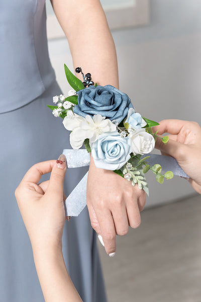 Wrist Corsages & Shoulder Corsages in Dusty Blue & Powder Blue