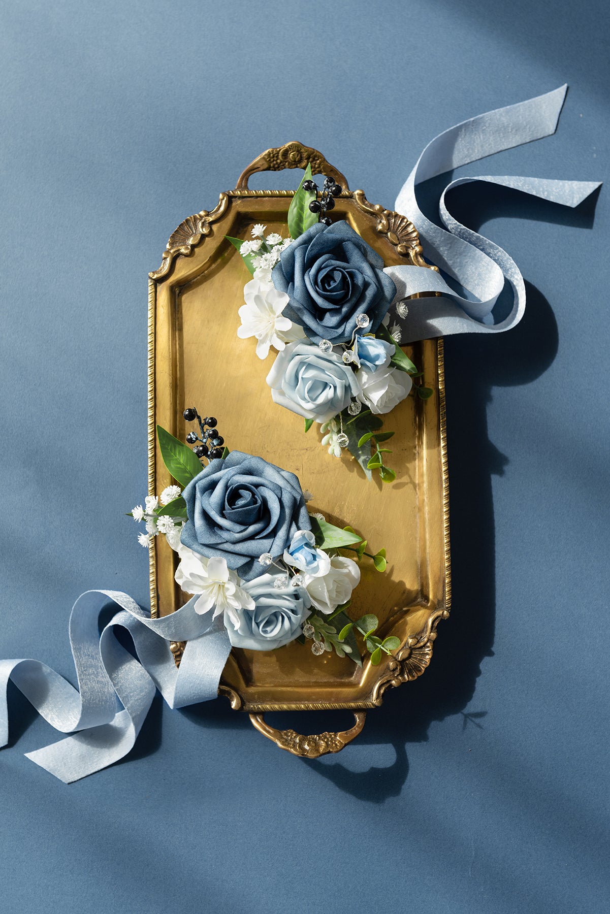 Wrist Corsages & Shoulder Corsages in Dusty Blue & Powder Blue