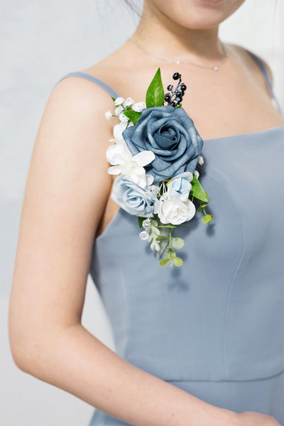 Wrist Corsages & Shoulder Corsages in Dusty Blue & Powder Blue