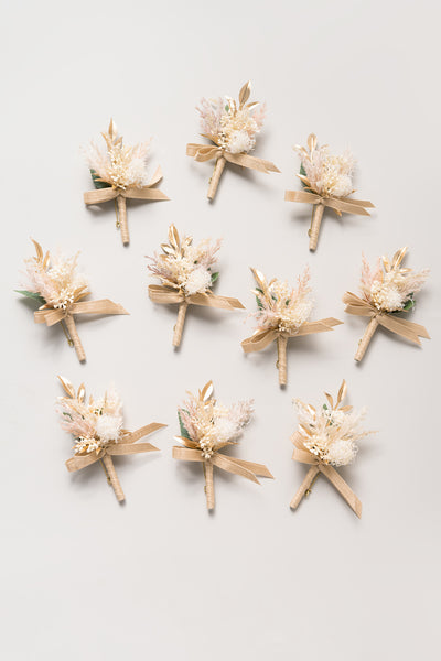 Boutonnieres for Guests in White & Beige