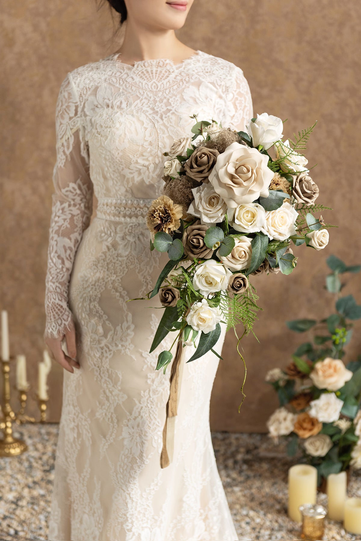 Small Cascade Bridal Bouquet in White & Beige