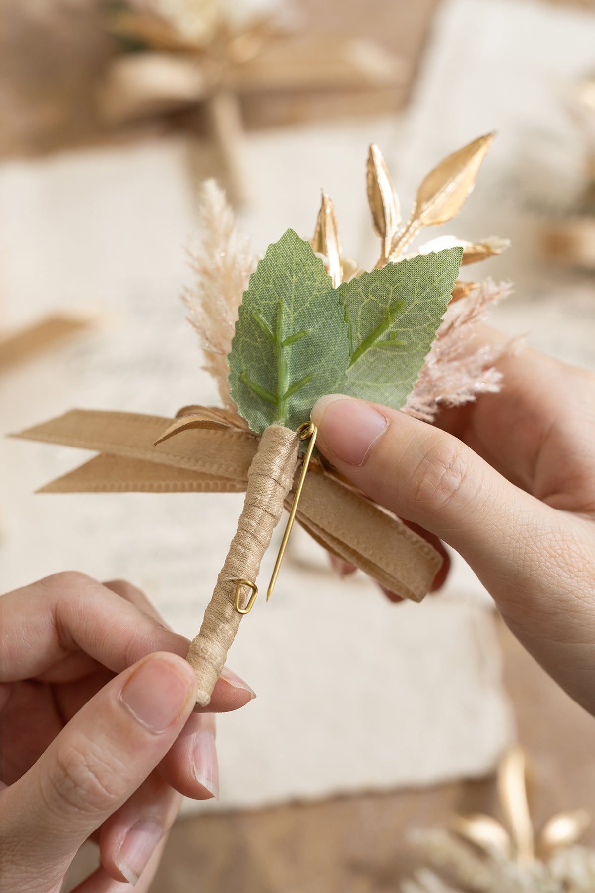 Boutonnieres for Guests in White & Beige