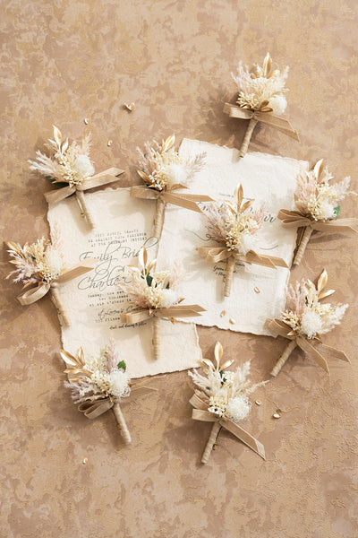 Boutonnieres for Guests in White & Beige