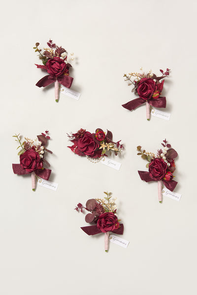 Boutonnieres in Burgundy & Dusty Rose