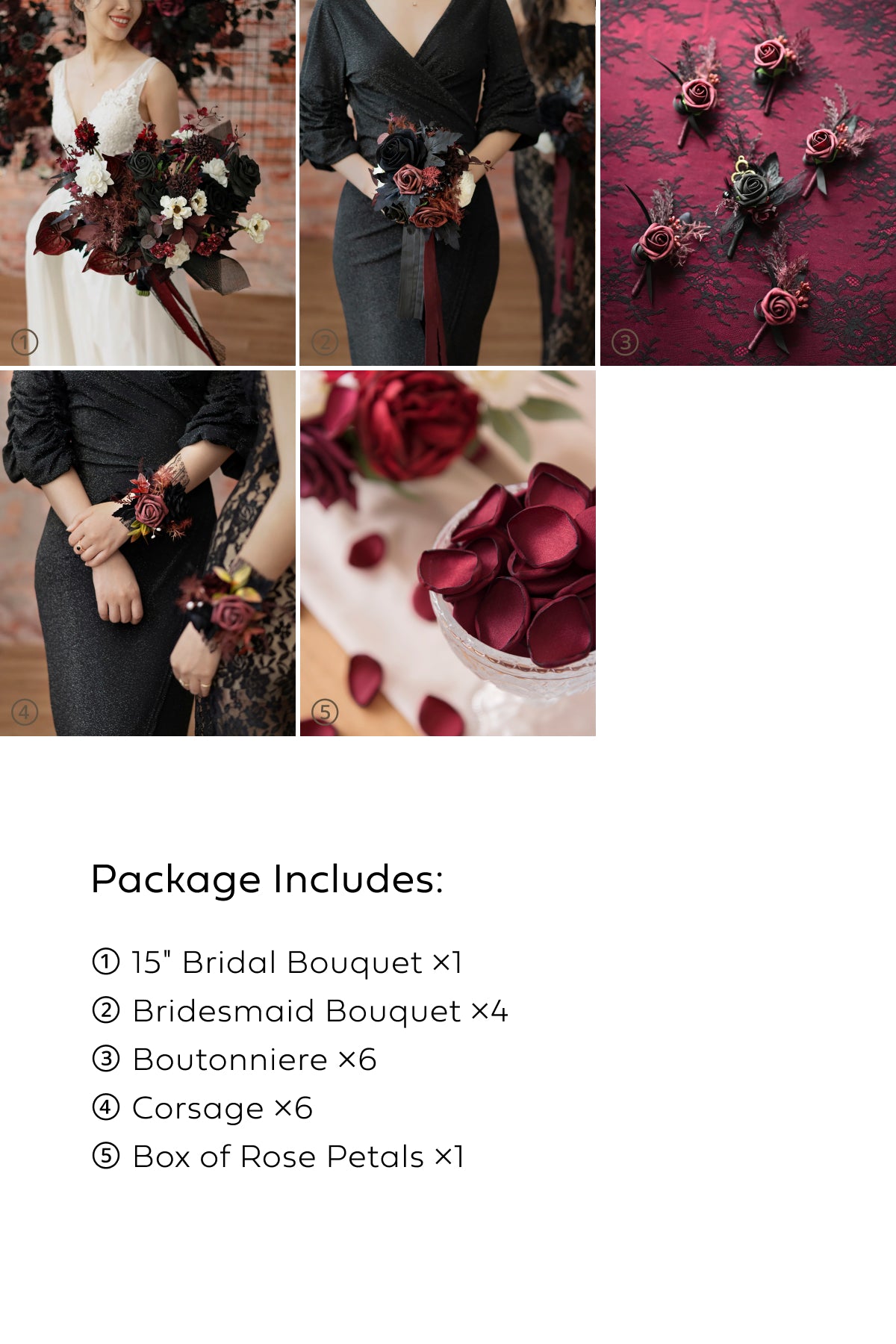 Pre-Arranged Wedding Flower Packages in Moody Burgundy & Black