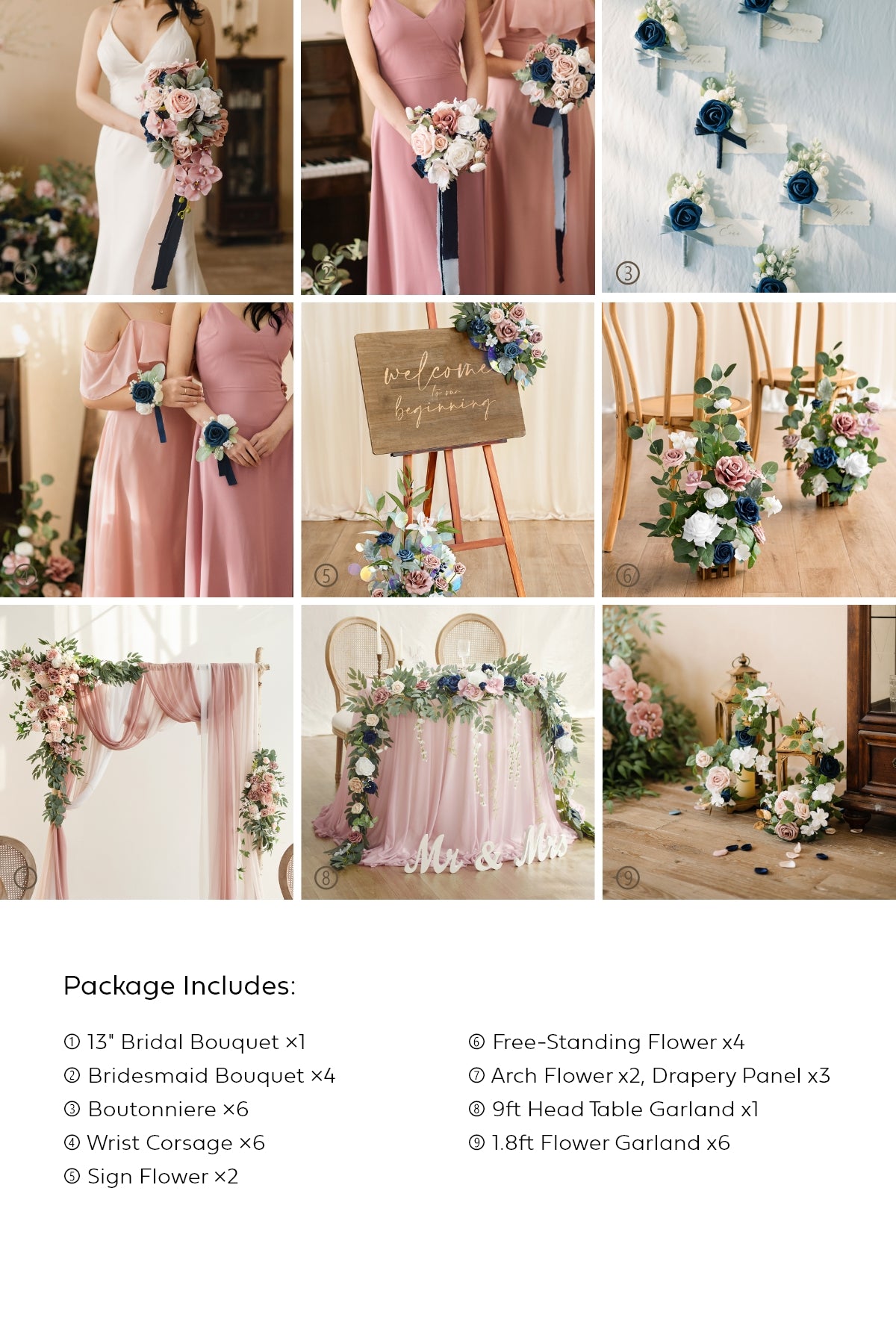 Pre-Arranged Wedding Flower Packages in Dusty Rose & Navy