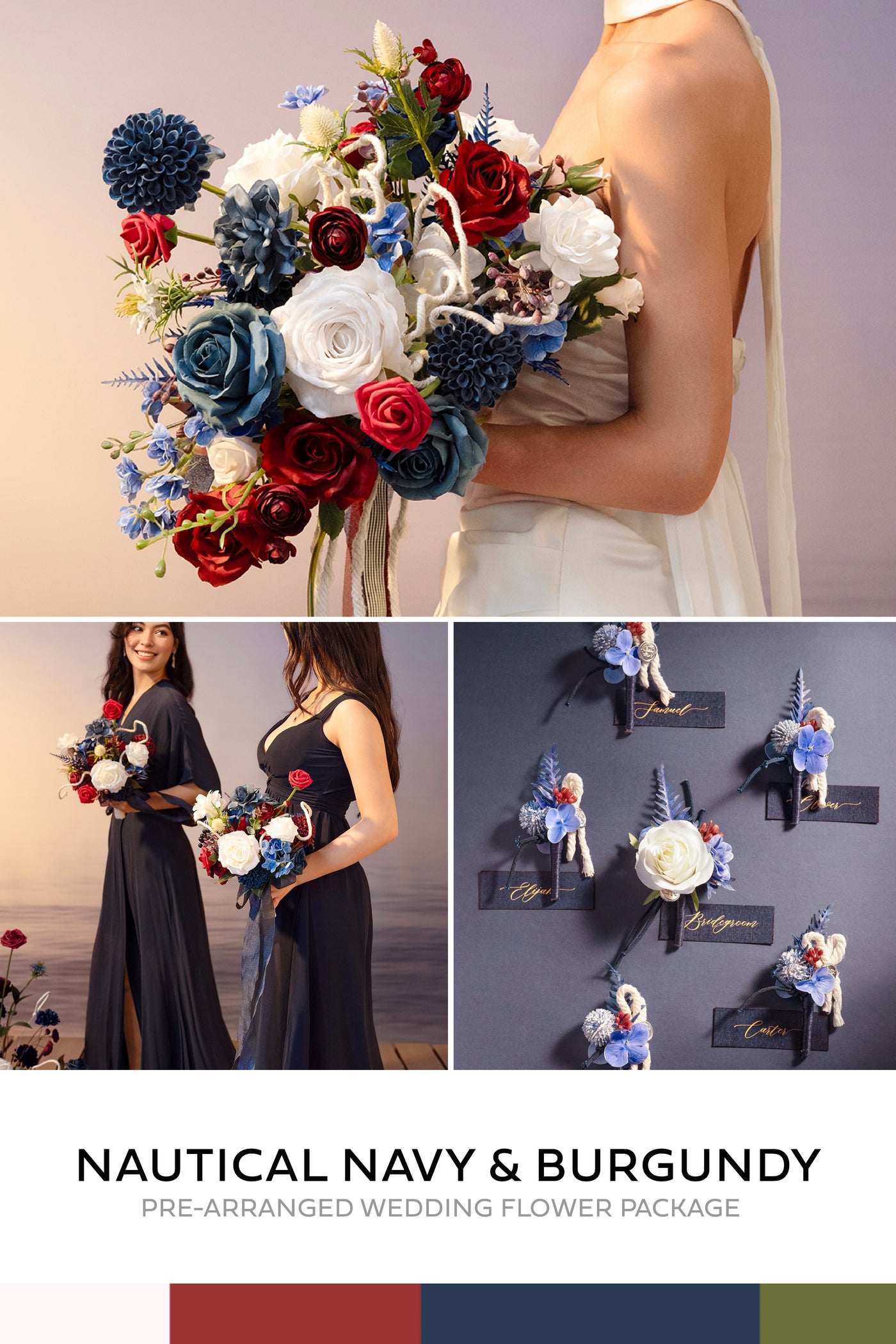 Pre-Arranged Bridal Flower Package in Nautical Navy & Burgundy