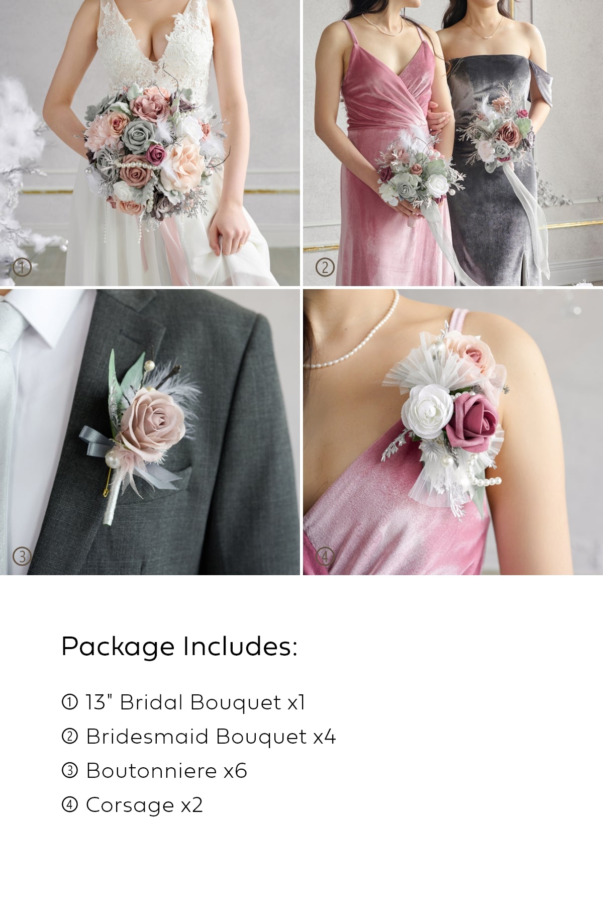 Pre-Arranged Bridal Flower Package in Dusky Rose & Silver