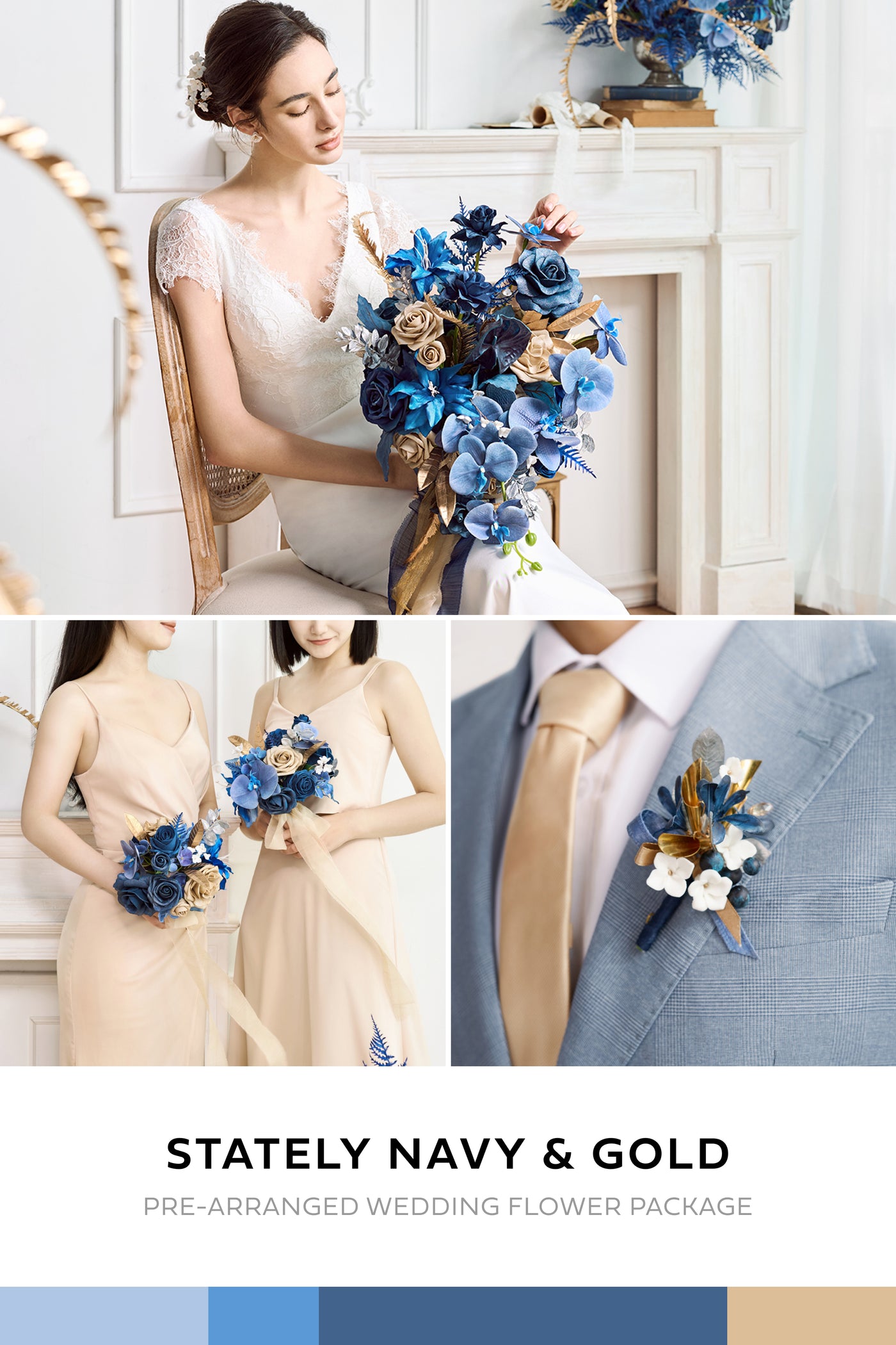 Pre-Arranged Bridal Flower Package in Stately Navy & Gold