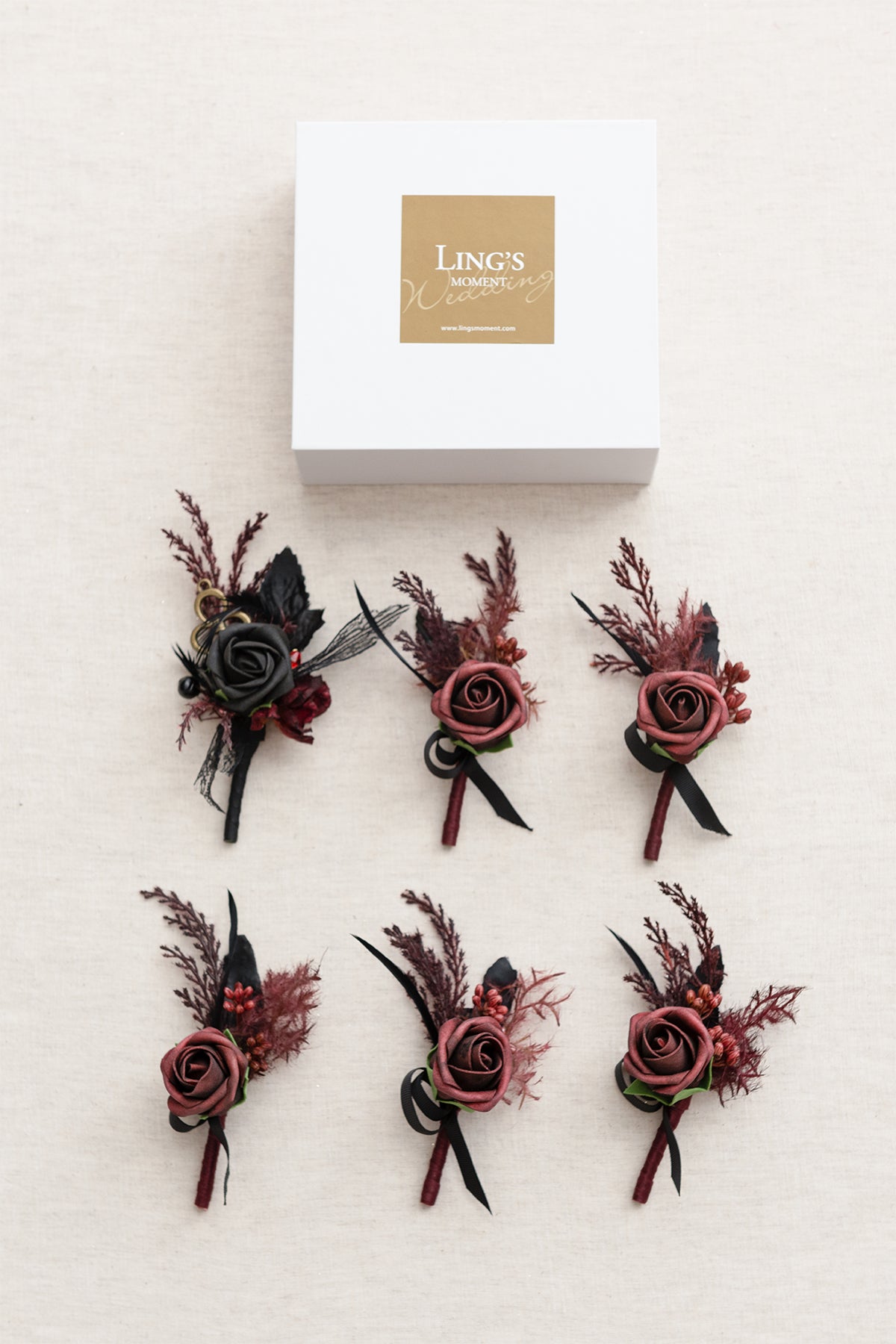 Boutonnieres in Moody Burgundy & Black