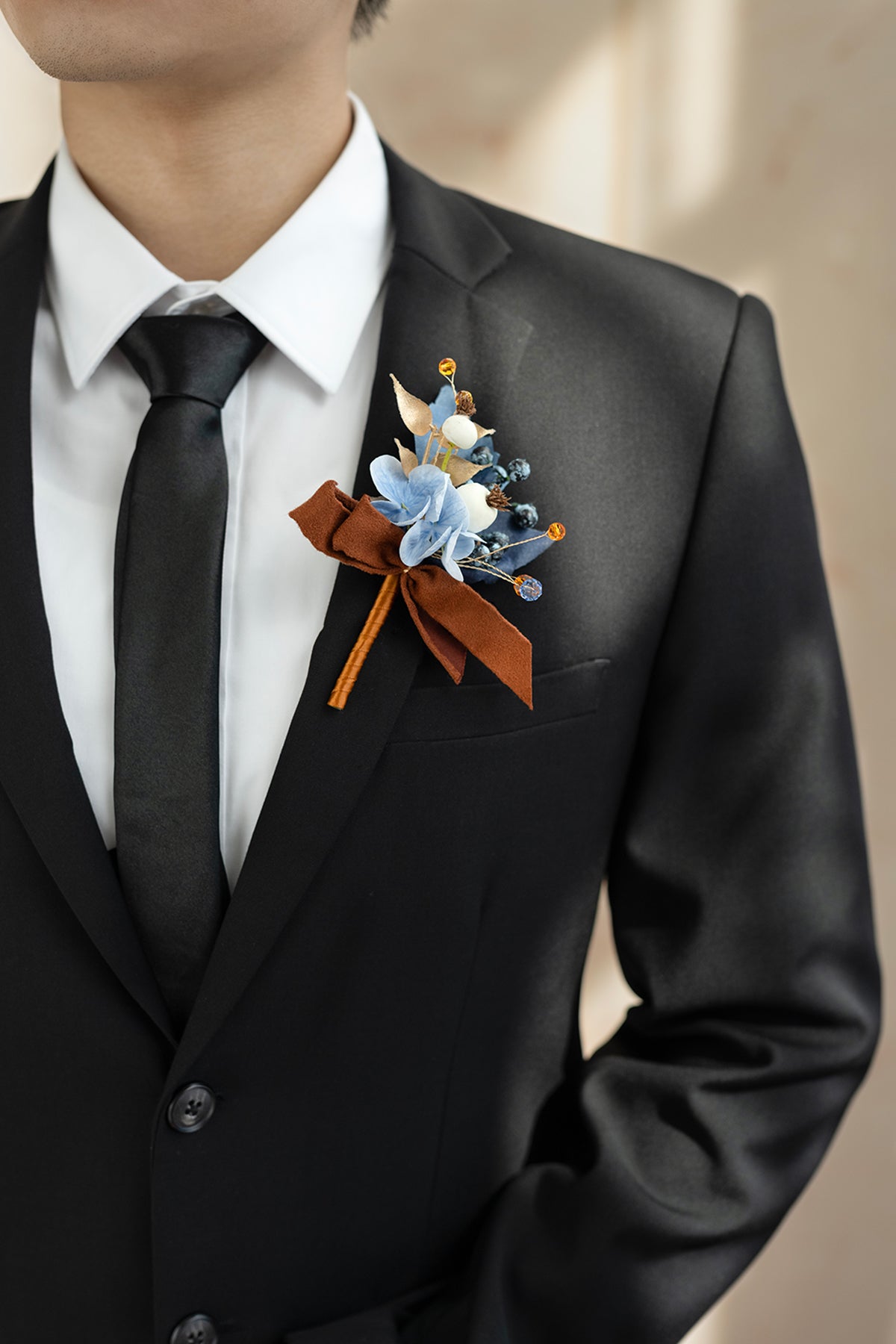 Boutonnieres for Guests in Russet Orange & Denim Blue | Clearance