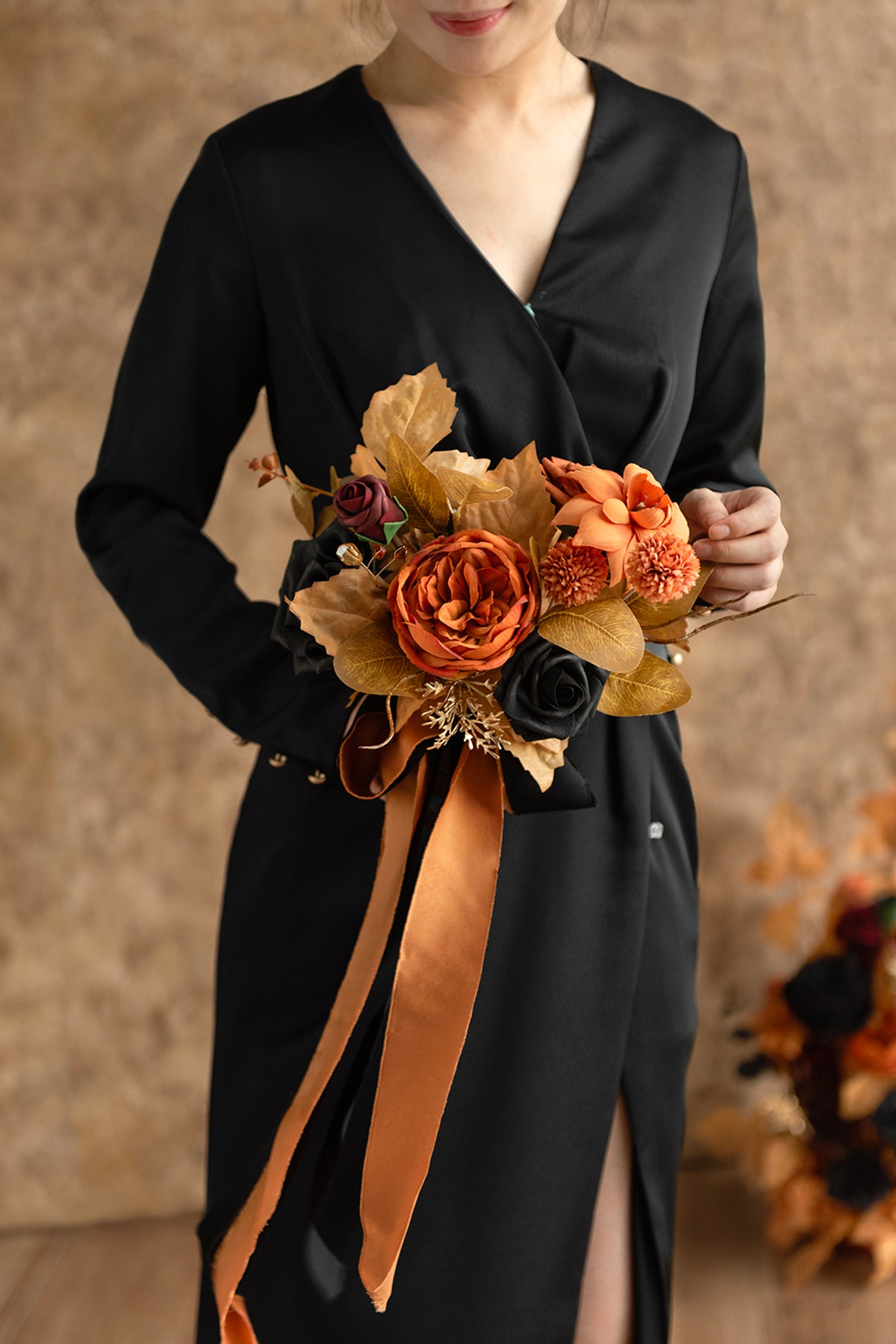 Bridesmaid Posy in Black & Pumpkin Orange | Clearance