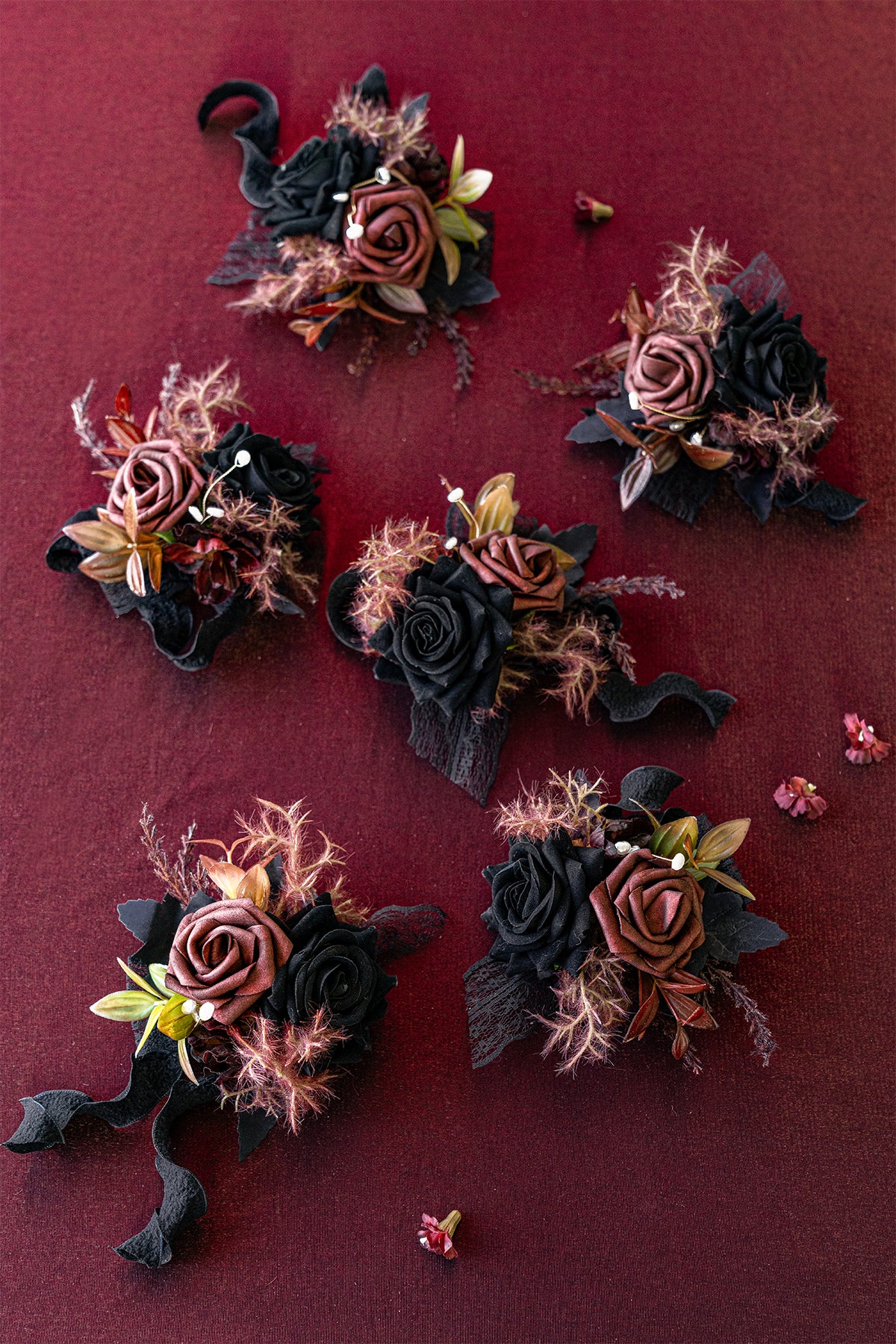 Wrist Corsages in Moody Burgundy & Black