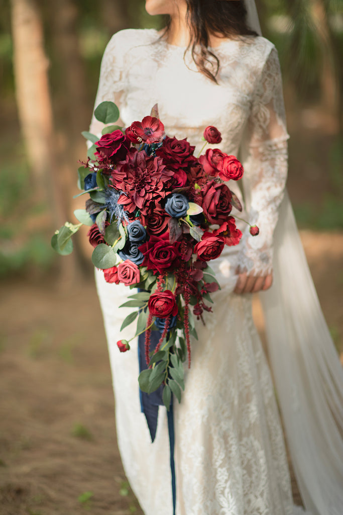 Rust Teal Burgundy Wedding Bouquet, Cascading Bouquet, Fall Wedding Bouquet  