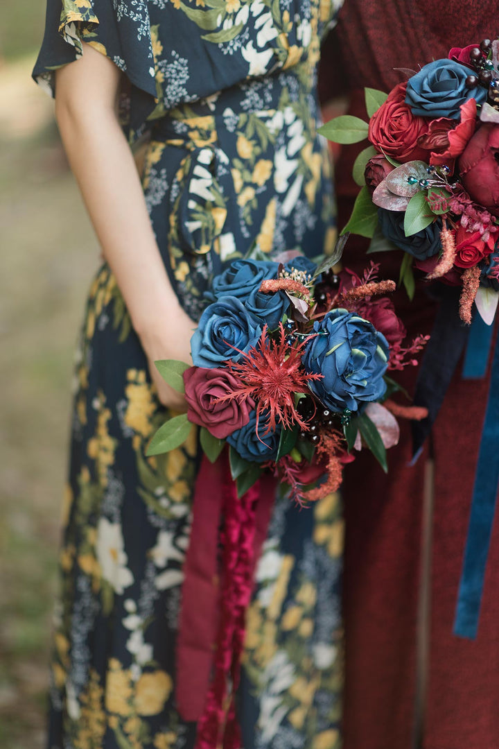 Burgundy/ Royal blue bouquet, Feather bouquet, Gatsby Wedding, Gold feathers, Vintage style, offers Bridesmaids, Alternative bouquet, Boutonnere